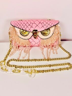 Whimsical Pink beaded Owl Face evening clutch crossbody snake print gold chain